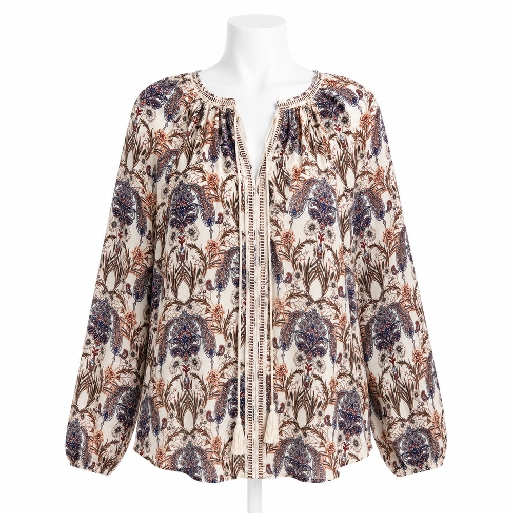 Anthropologie Meadow Rue Artisan Boho Peasant Blouse with Tassel Tie Ladder Lace